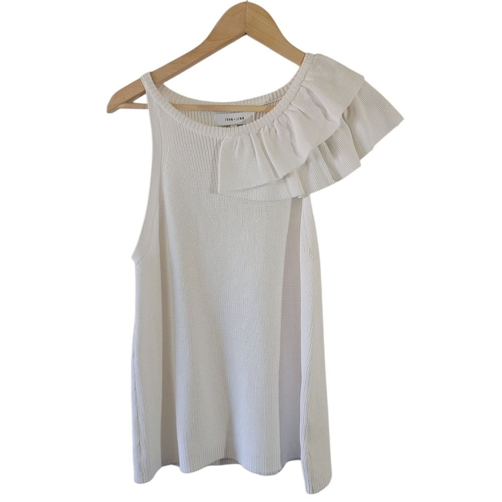 JOHN + JENN White One Shoulder Ruffle Knit Top Sz L Minimalist Coquette Girl